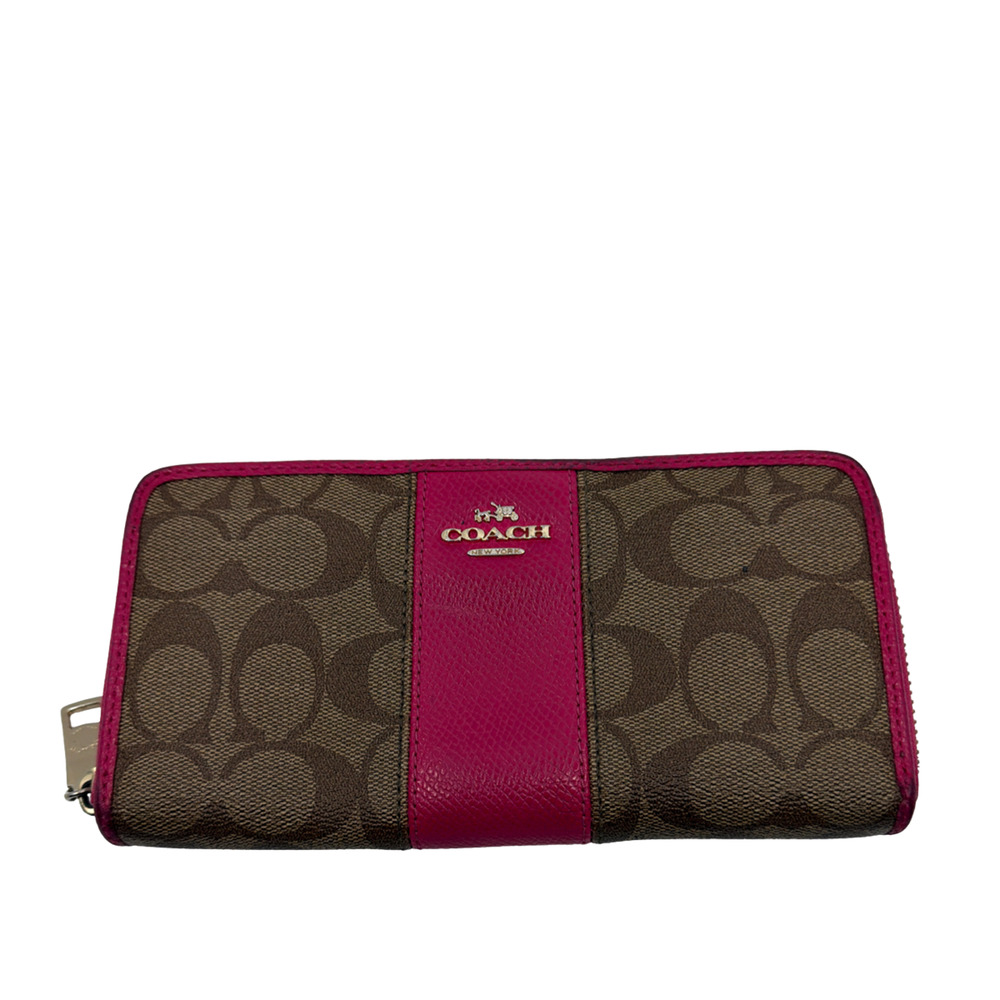 Coach Brown Pink Signature Coated Canvas Zip Wallet